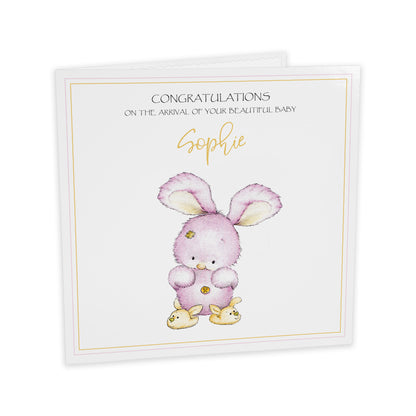 Personalised New Baby Card (Bunny Slippers) - Pink & Yellow