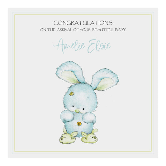 Personalised New Baby Card (Bunny Slippers) - Turquoise & Green