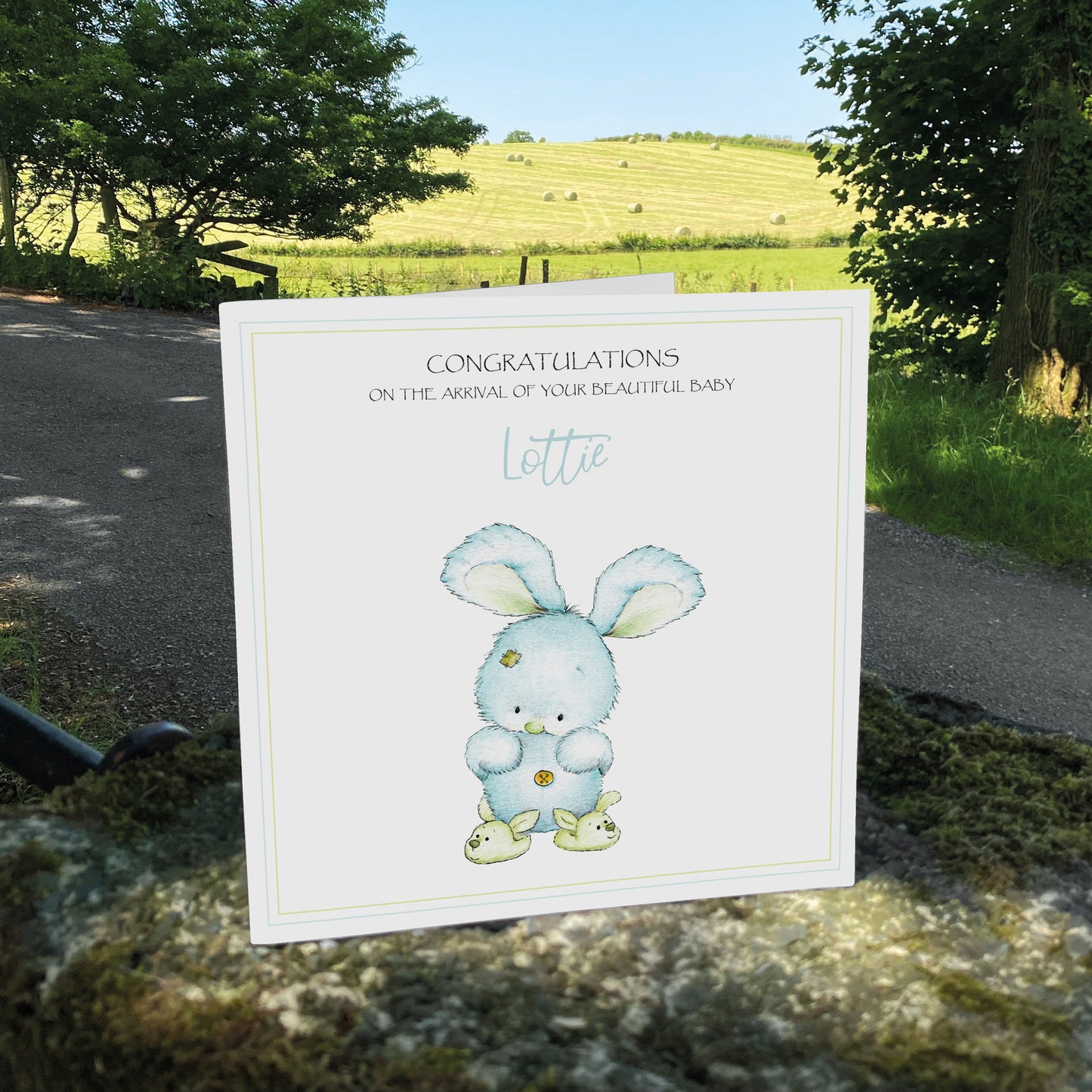 Personalised New Baby Card (Bunny Slippers) - Turquoise & Green