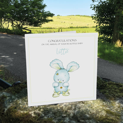 Personalised New Baby Card (Bunny Slippers) - Turquoise & Green