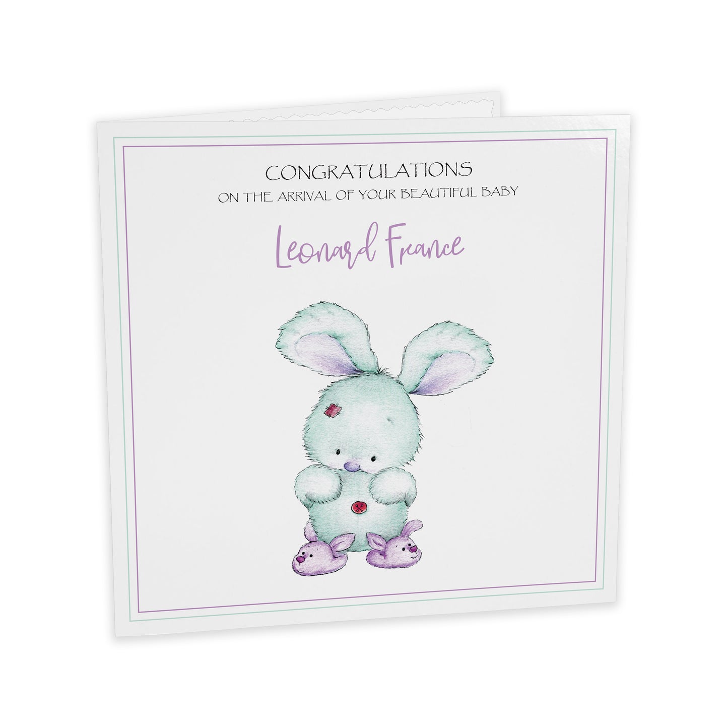Personalised New Baby Card (Bunny Slippers) - Turquoise & Purple