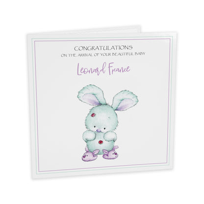 Personalised New Baby Card (Bunny Slippers) - Turquoise & Purple