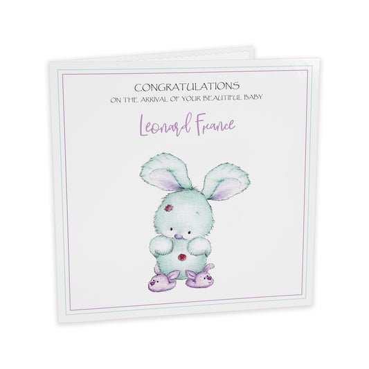 Personalised New Baby Card (Bunny Slippers) - Turquoise & Purple