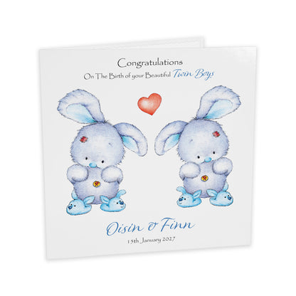 Personalised New Baby Card (Twin Bunnies) - Blue & Blue