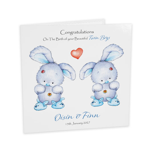 Personalised New Baby Card (Twin Bunnies) - Blue & Blue