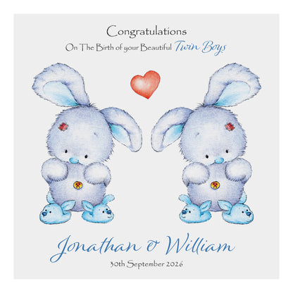 Personalised New Baby Card (Twin Bunnies) - Blue & Blue