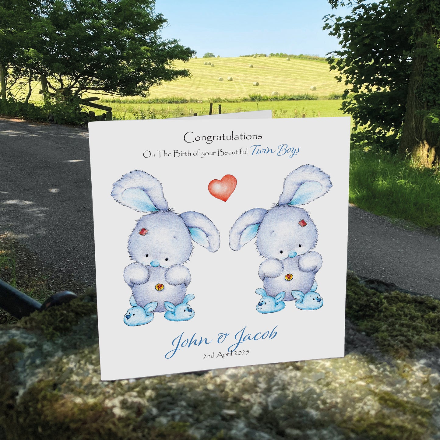 Personalised New Baby Card (Twin Bunnies) - Blue & Blue