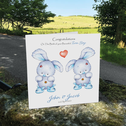Personalised New Baby Card (Twin Bunnies) - Blue & Blue