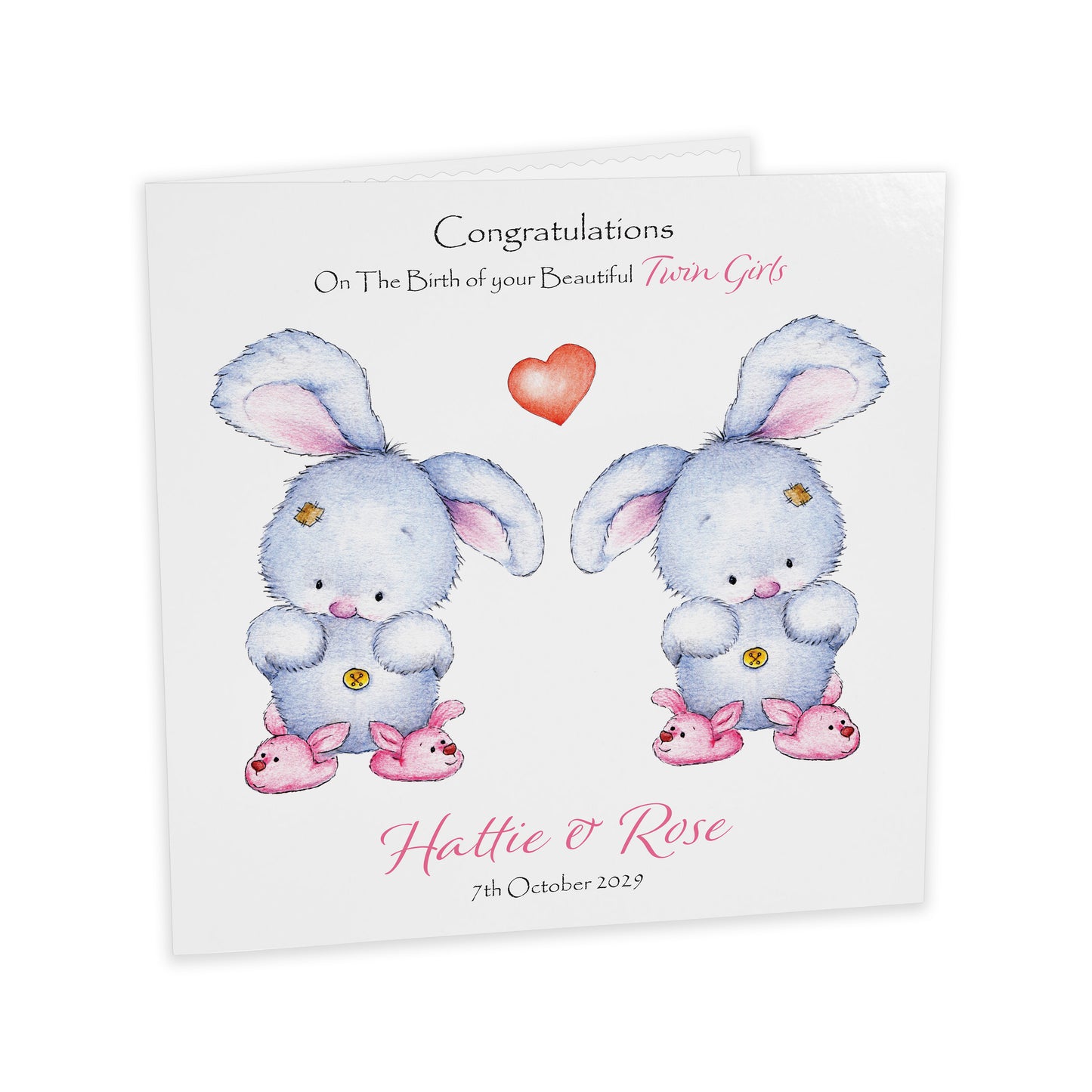 Personalised New Baby Card (Twin Bunnies) - Pink & Pink
