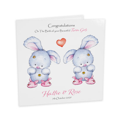 Personalised New Baby Card (Twin Bunnies) - Pink & Pink