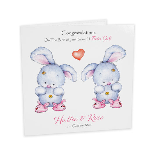 Personalised New Baby Card (Twin Bunnies) - Pink & Pink
