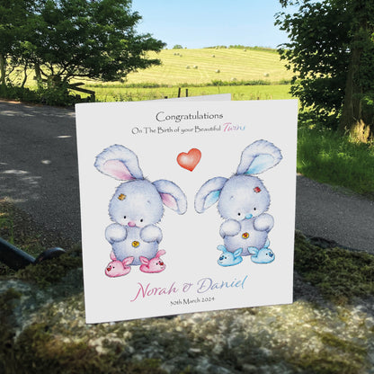 Personalised New Baby Card (Twin Bunnies) - Pink & Blue