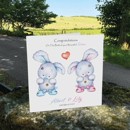 Personalised New Baby Card (Twin Bunnies) - Blue & Pink