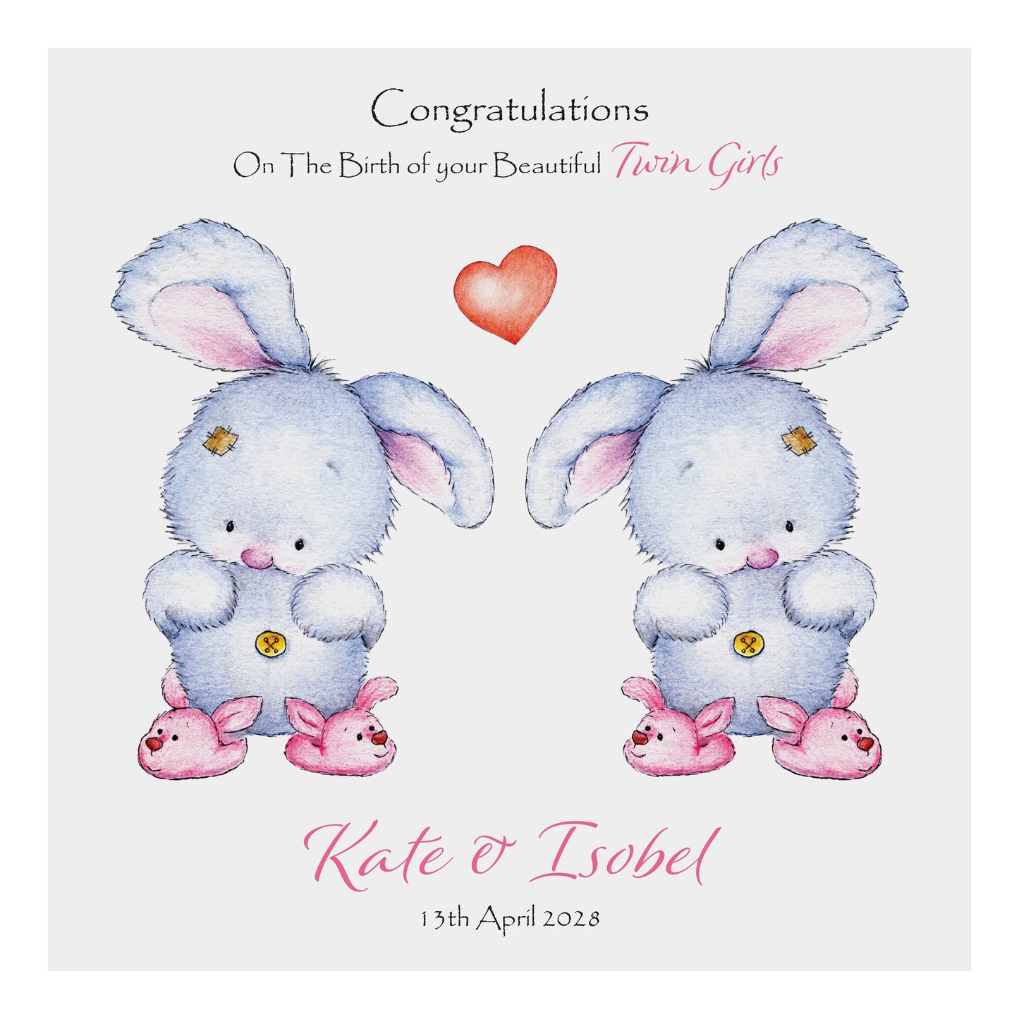 Personalised New Baby Card (Twin Bunnies) - Pink & Pink