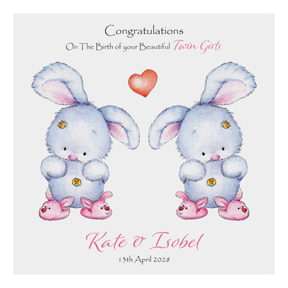 Personalised New Baby Card (Twin Bunnies) - Pink & Pink