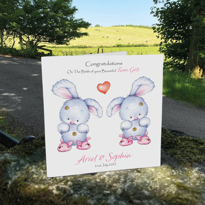Personalised New Baby Card (Twin Bunnies) - Pink & Pink
