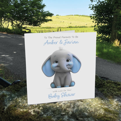 Personalised Baby Shower Card (Cute Elephant) - Ocean Blue