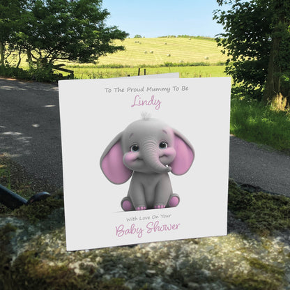 Personalised Baby Shower Card (Cute Elephant) - Rose Pink