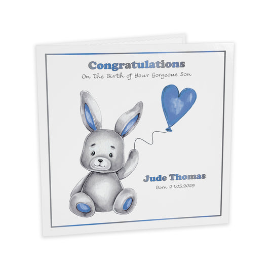 Personalised New Baby Card (Balloon Bunny) - Blue
