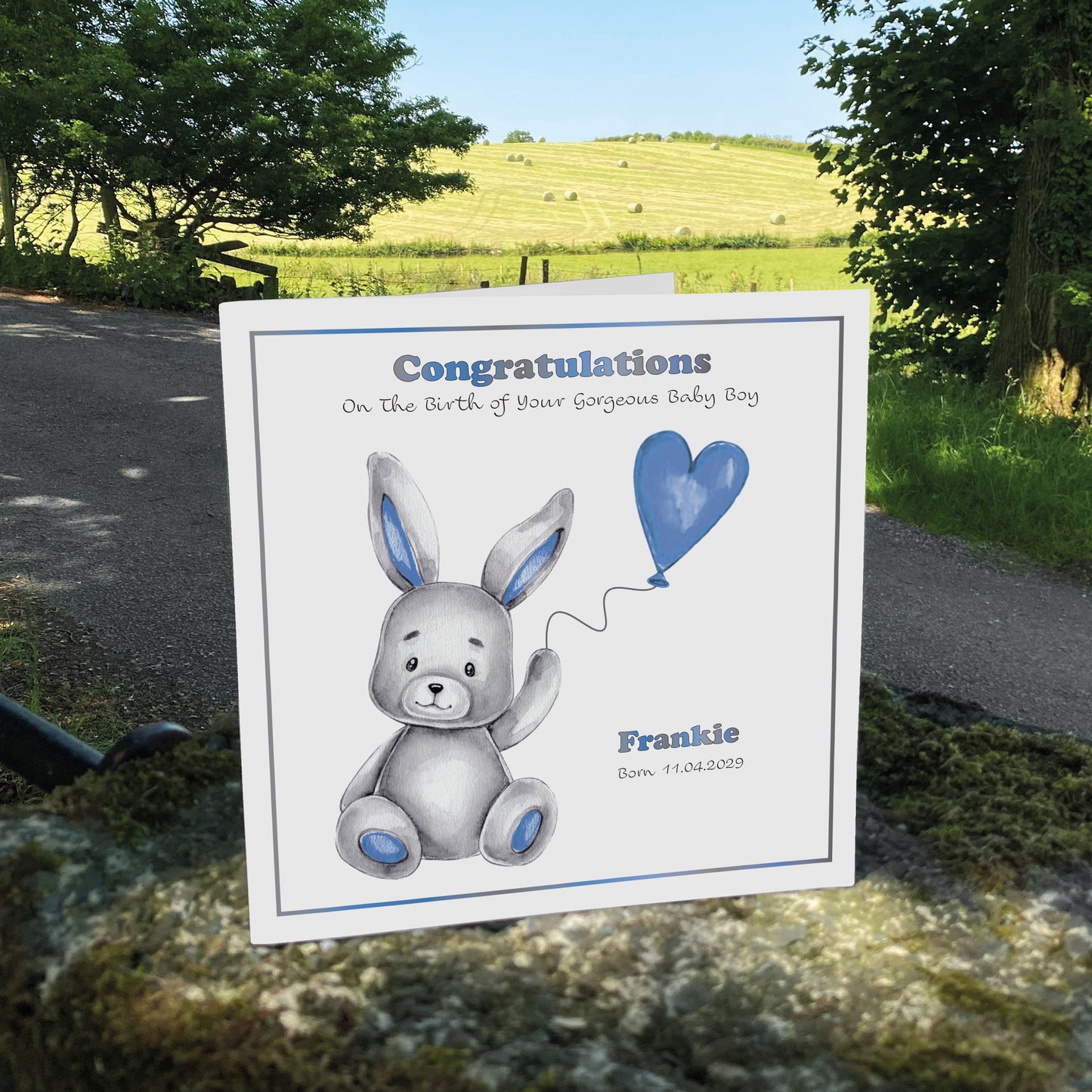 Personalised New Baby Card (Balloon Bunny) - Blue