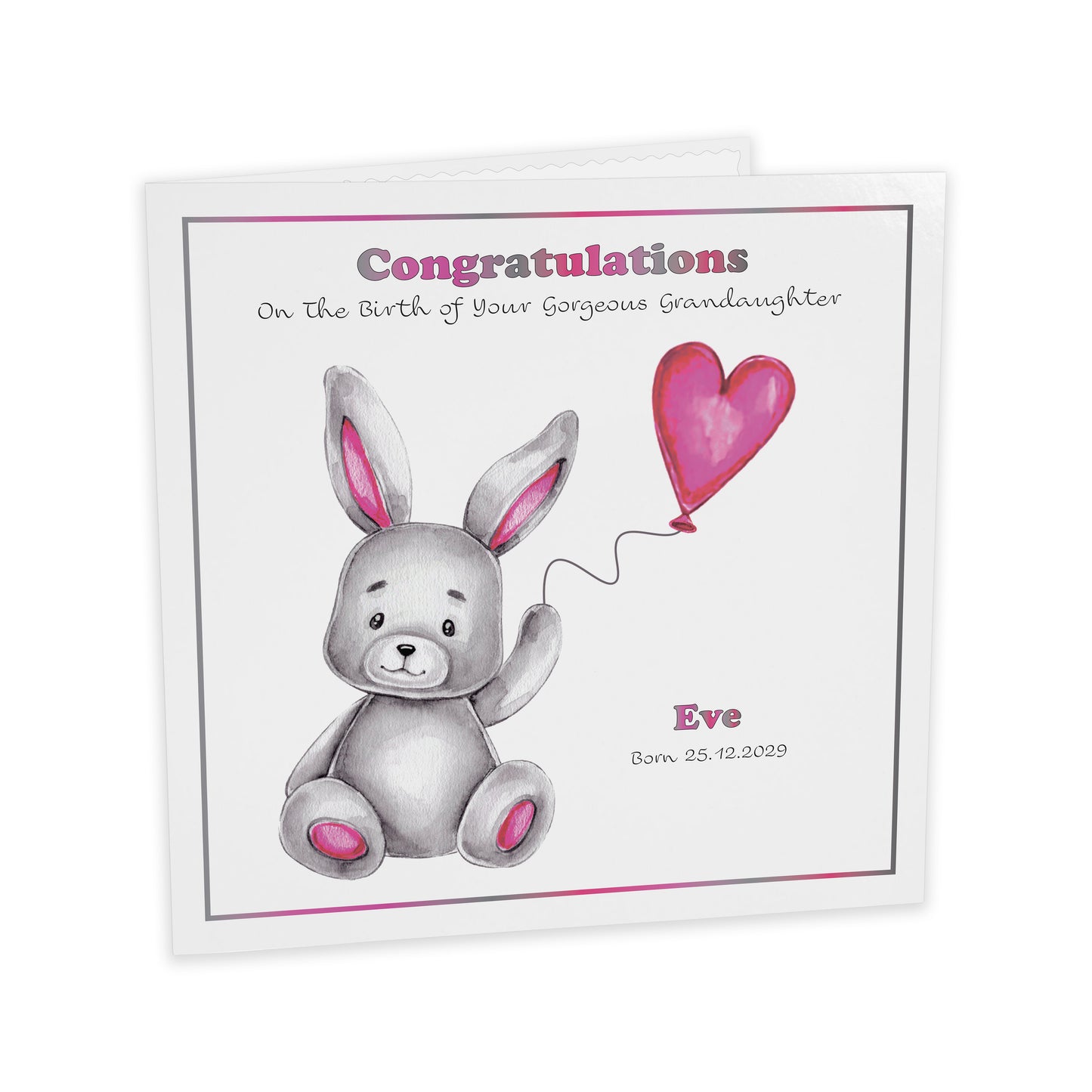 Personalised New Baby Card (Balloon Bunny) - Cerise Pink
