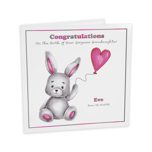 Personalised New Baby Card (Balloon Bunny) - Cerise Pink