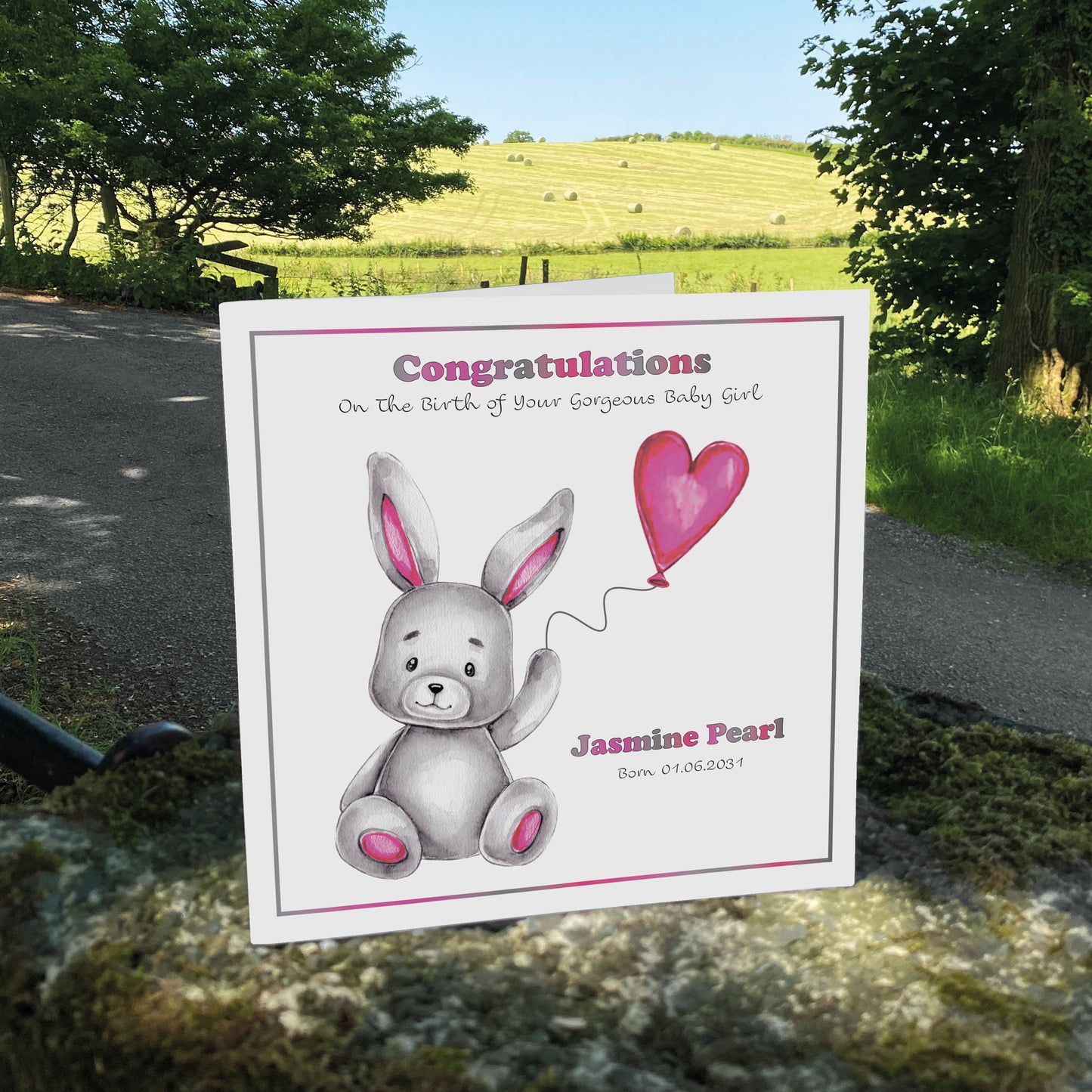 Personalised New Baby Card (Balloon Bunny) - Cerise Pink