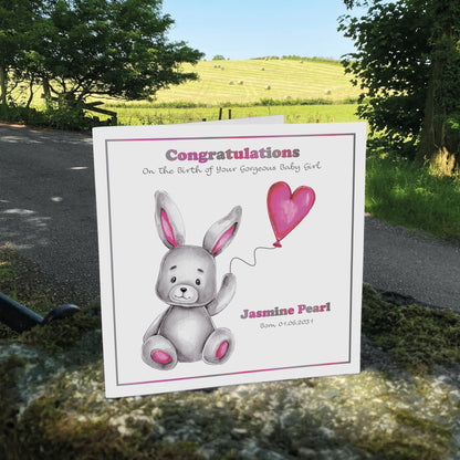 Personalised New Baby Card (Balloon Bunny) - Cerise Pink