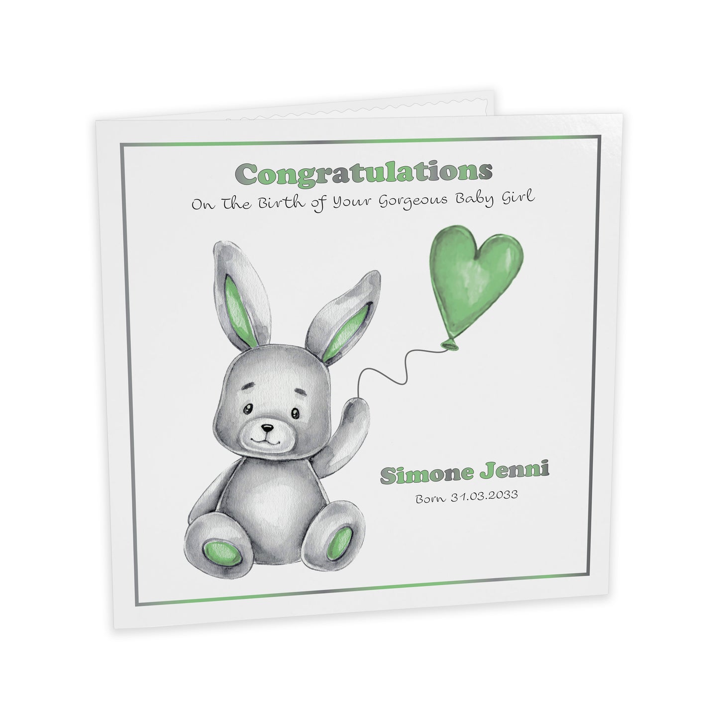 Personalised New Baby Card (Balloon Bunny) - Green