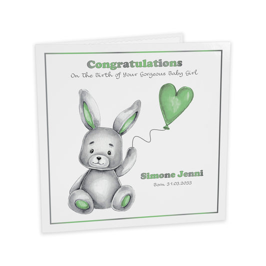 Personalised New Baby Card (Balloon Bunny) - Green