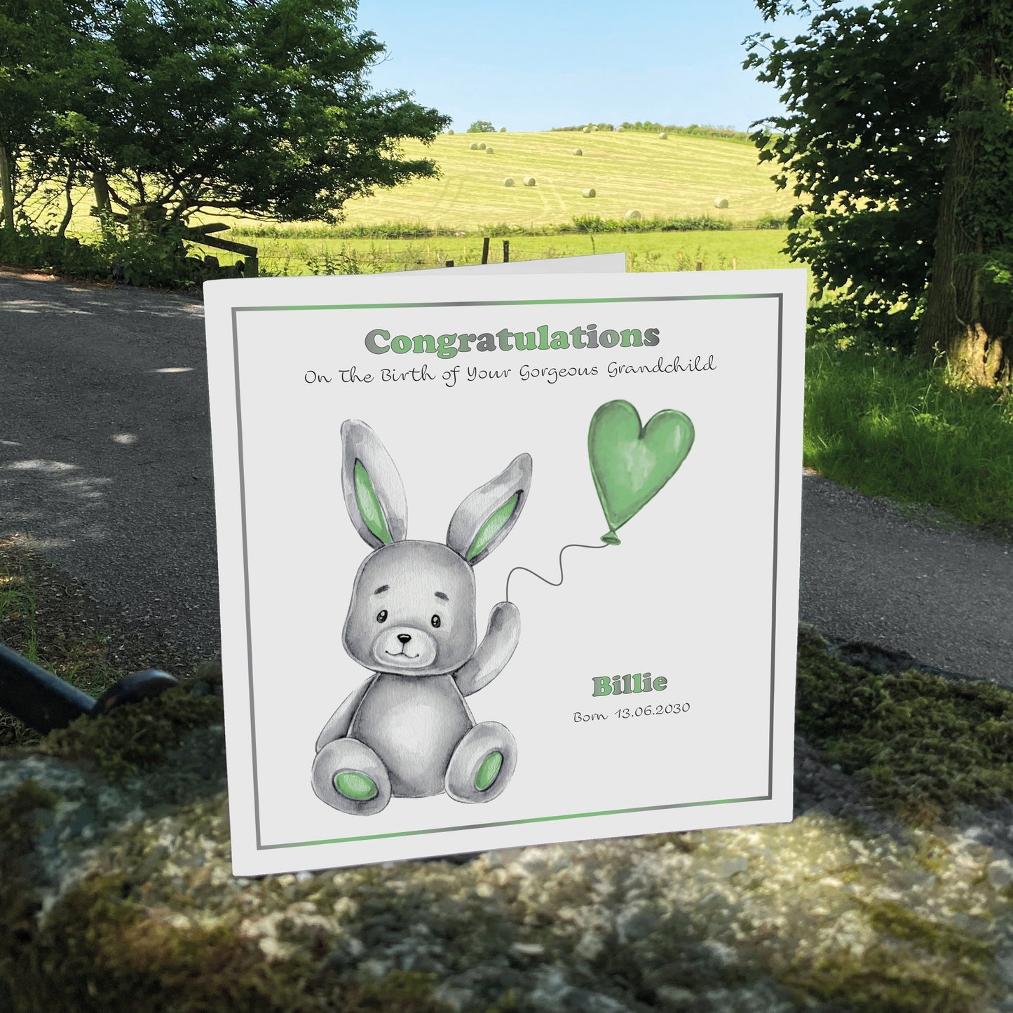 Personalised New Baby Card (Balloon Bunny) - Green