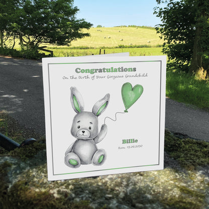Personalised New Baby Card (Balloon Bunny) - Green