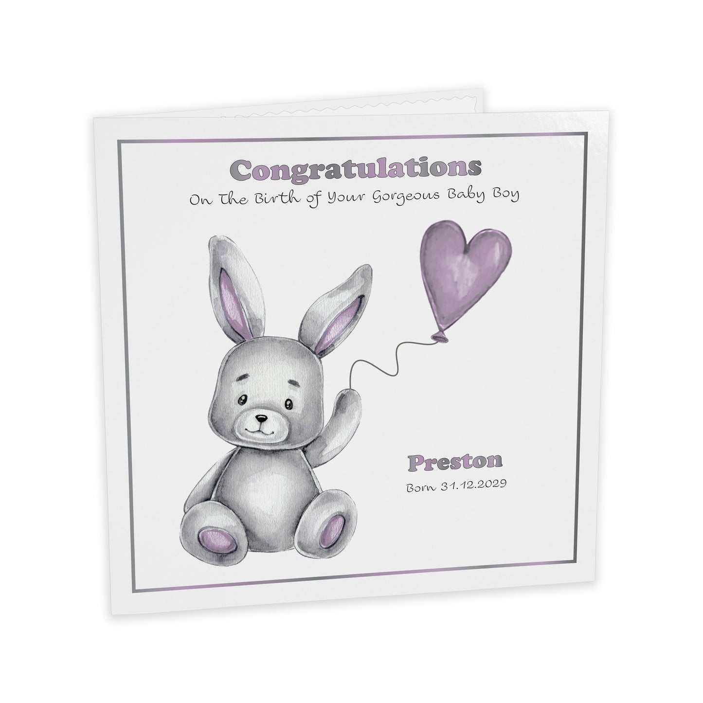 Personalised New Baby Card (Balloon Bunny) - Lavender