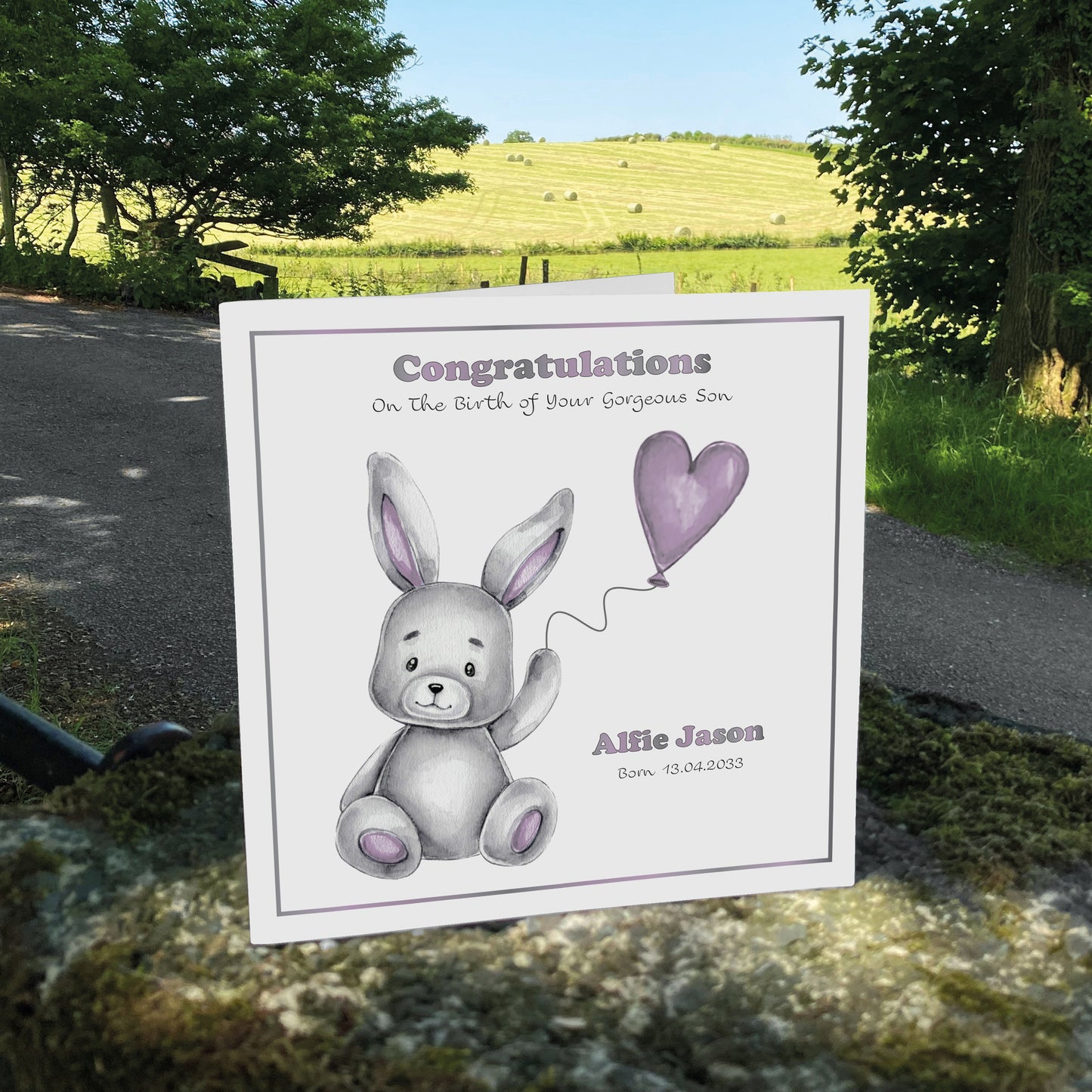 Personalised New Baby Card (Balloon Bunny) - Lavender