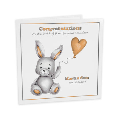 Personalised New Baby Card (Balloon Bunny) - Peach
