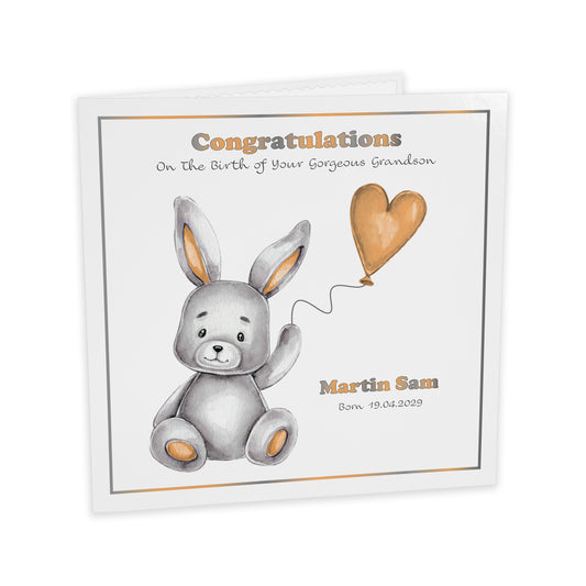 Personalised New Baby Card (Balloon Bunny) - Peach