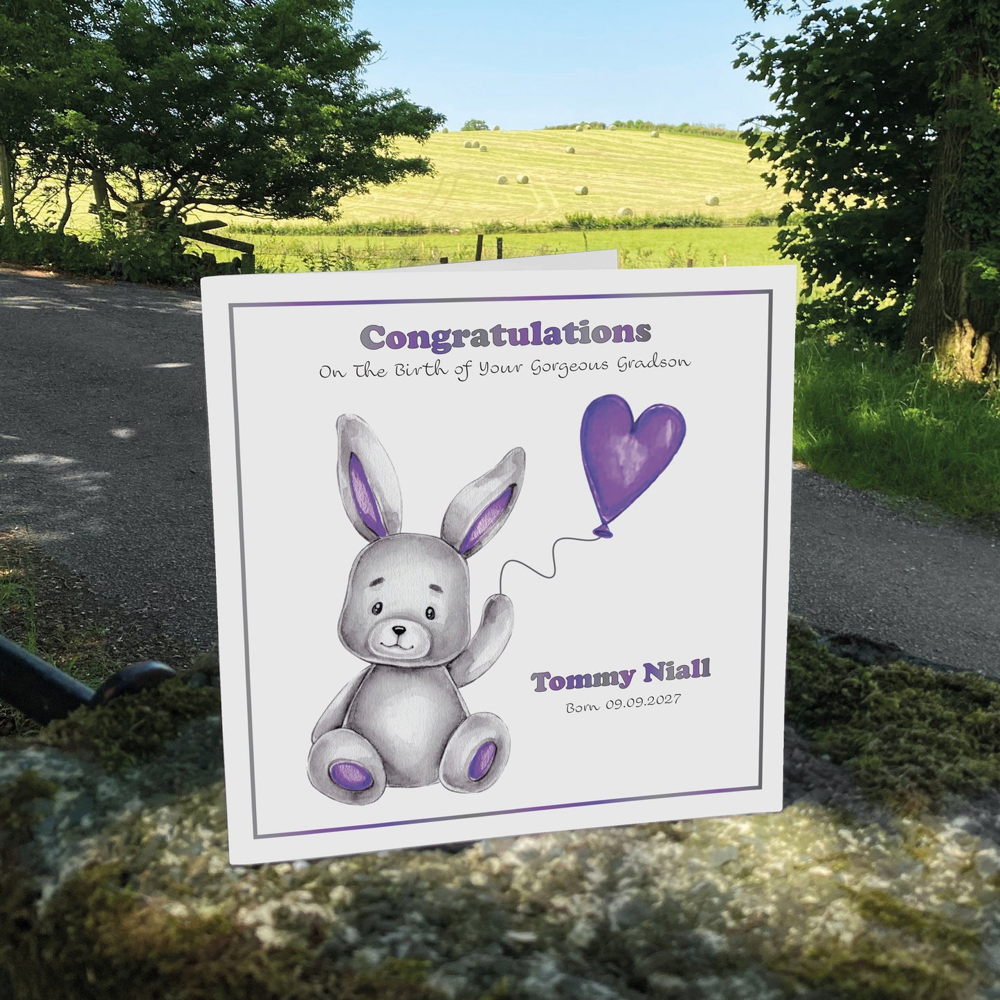 Personalised New Baby Card (Balloon Bunny) - Purple