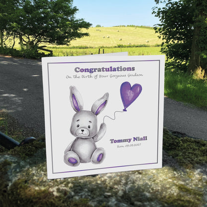 Personalised New Baby Card (Balloon Bunny) - Purple