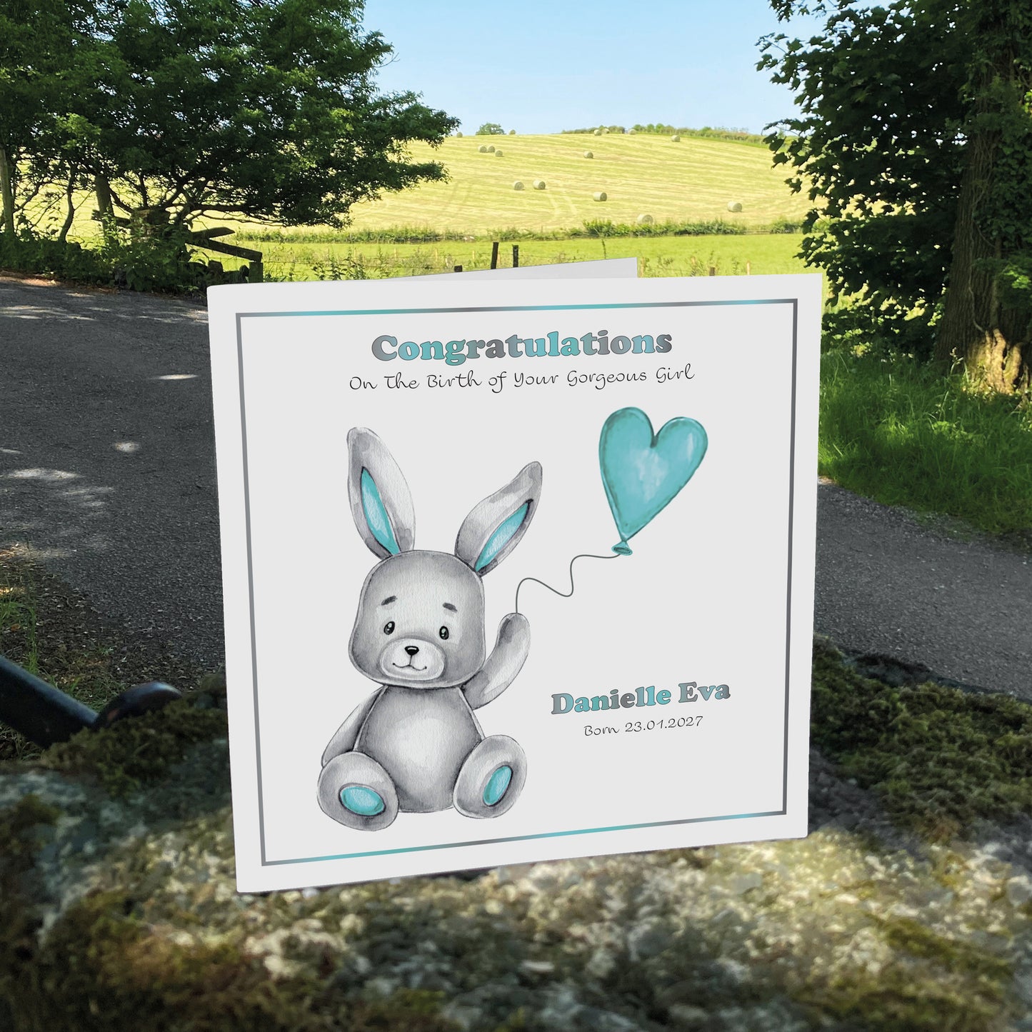 Personalised New Baby Card (Balloon Bunny) - Turquoise