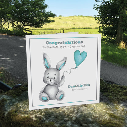 Personalised New Baby Card (Balloon Bunny) - Turquoise