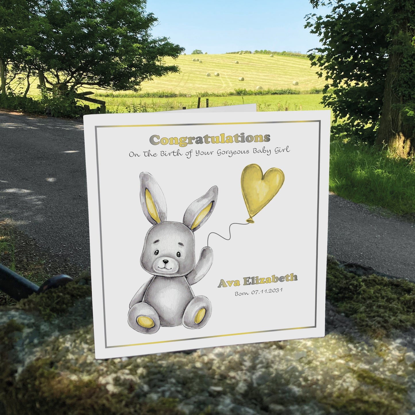 Personalised New Baby Card (Balloon Bunny) - Yellow