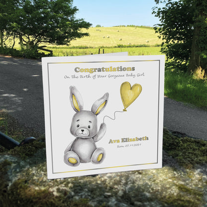Personalised New Baby Card (Balloon Bunny) - Yellow