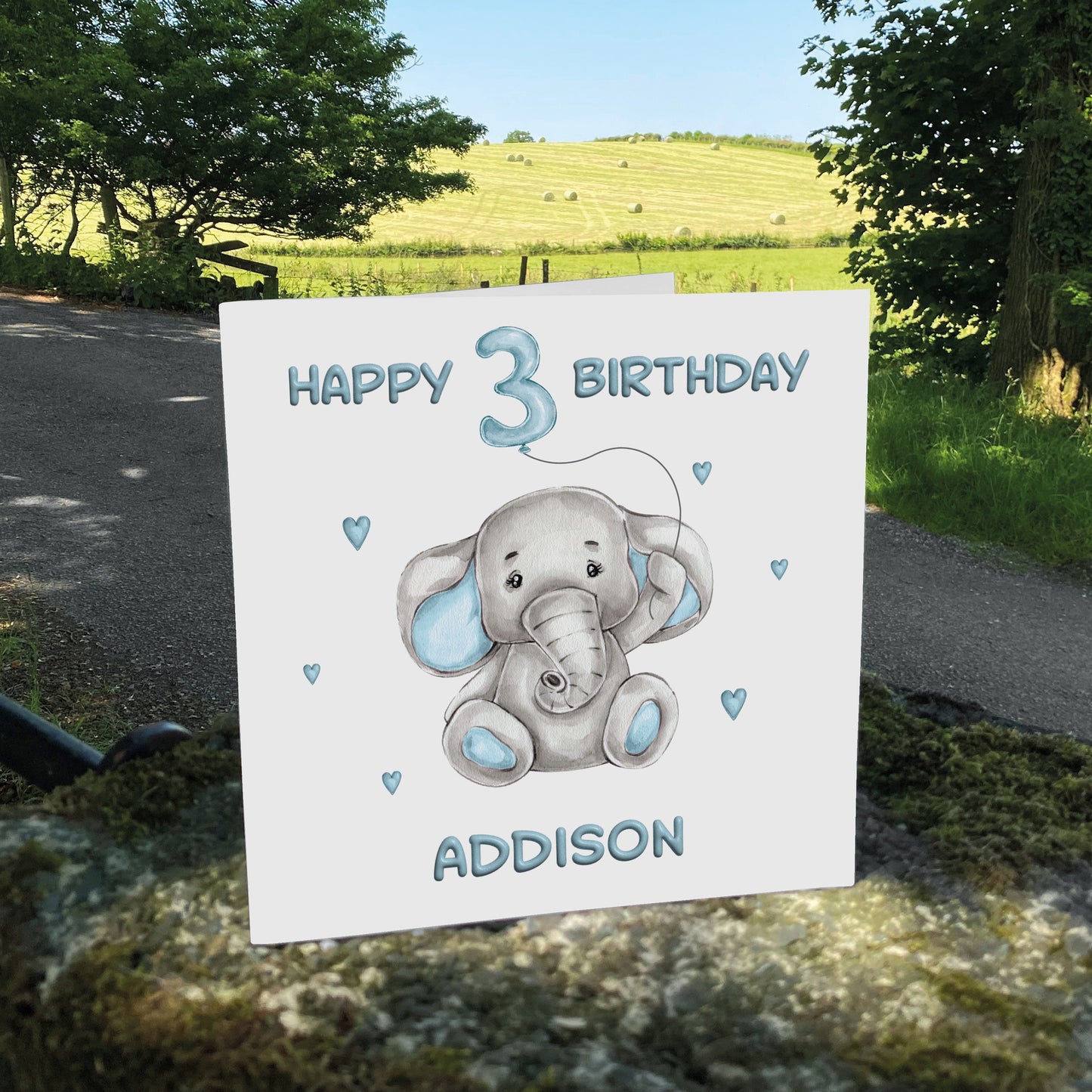 Personalised Birthday Card Balloon Animals (Elephant) - Blue