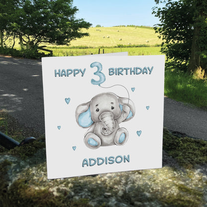 Personalised Birthday Card Balloon Animals (Elephant) - Blue