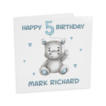 Personalised Birthday Card Balloon Animals (Hippo)  - Blue
