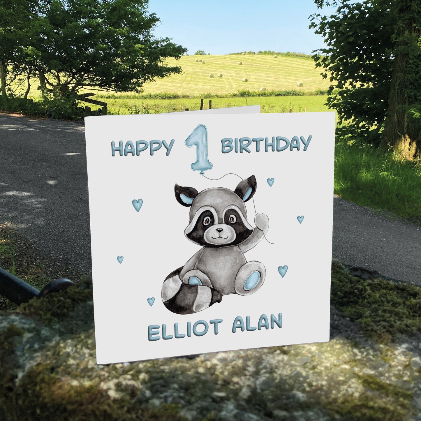 Personalised Birthday Card Balloon Animals (Raccoon)  - Blue