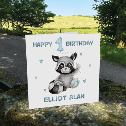 Personalised Birthday Card Balloon Animals (Raccoon)  - Blue