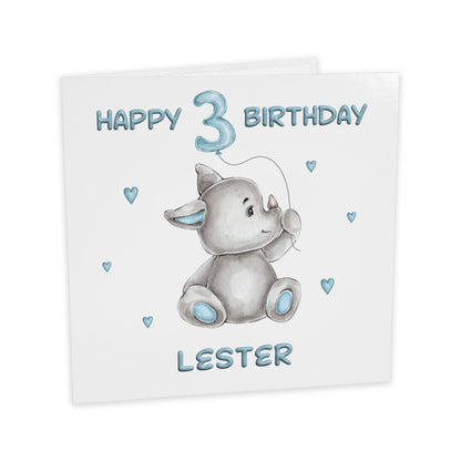Personalised Birthday Card Balloon Animals (Rhino)  - Blue