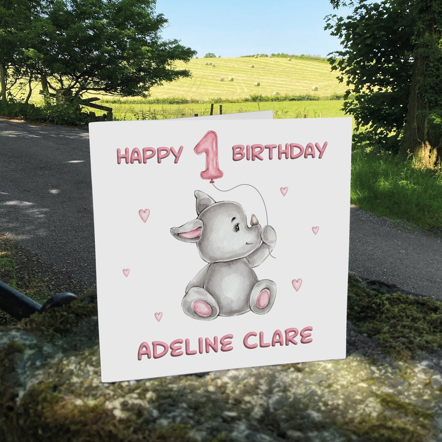 Personalised Birthday Card Balloon Animals (Rhino) - Pink