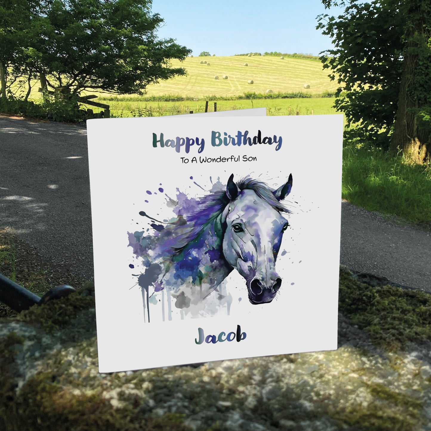 Personalised Birthday Card (Watercolour Horse) - Blue Bayou
